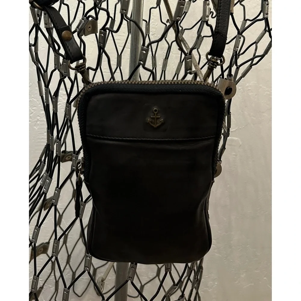 Harbour 2nd Black Leather Anchor Crossbody Phone Bag Wallet